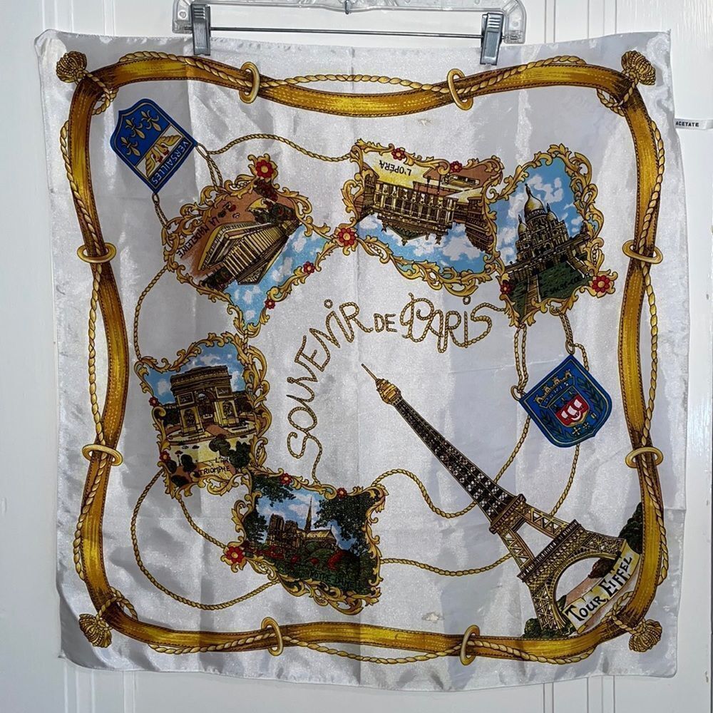 Vtg mid Century “Souvenir de Paris” gold & white acetate square scarf